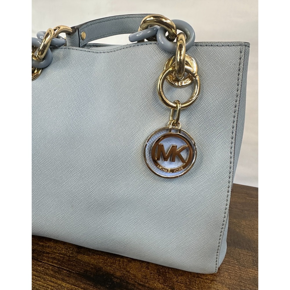 Michael Kors Cynthia Satchel Pale Blue Saffiano Leather Chain Handle Handbag - Picture 4 of 16